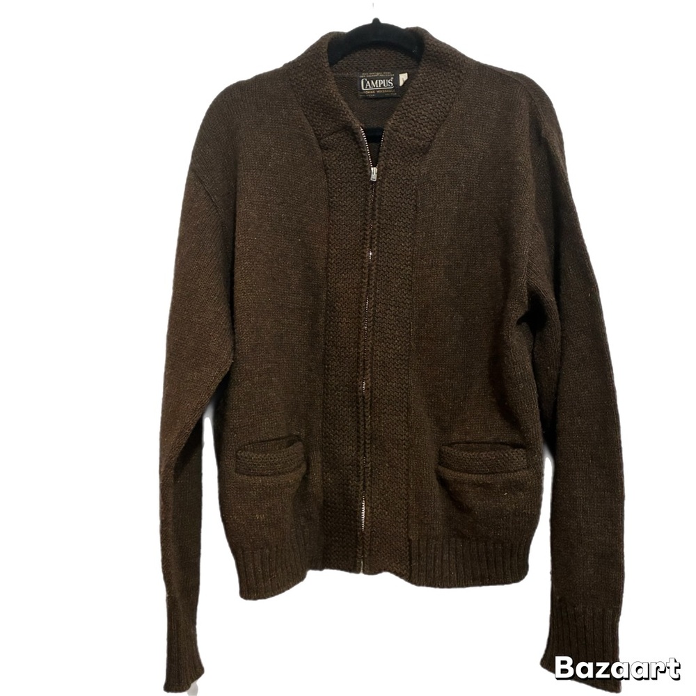 Vintage CAMPUS Cardigan Sweater Sz Large Brown Academia Mr. Rogers Shetland Wool